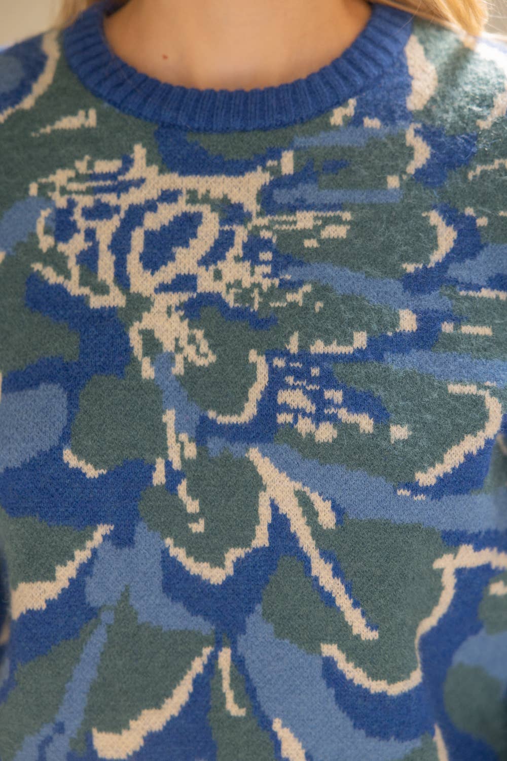 Pleated Long Puff Sleeve Floral Print Sweater Top Blue