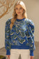 Pleated Long Puff Sleeve Floral Print Sweater Top Blue