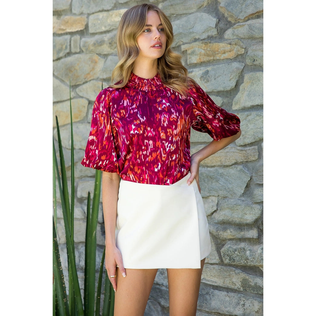 THML Puff Sleeve Print Top Burgundy