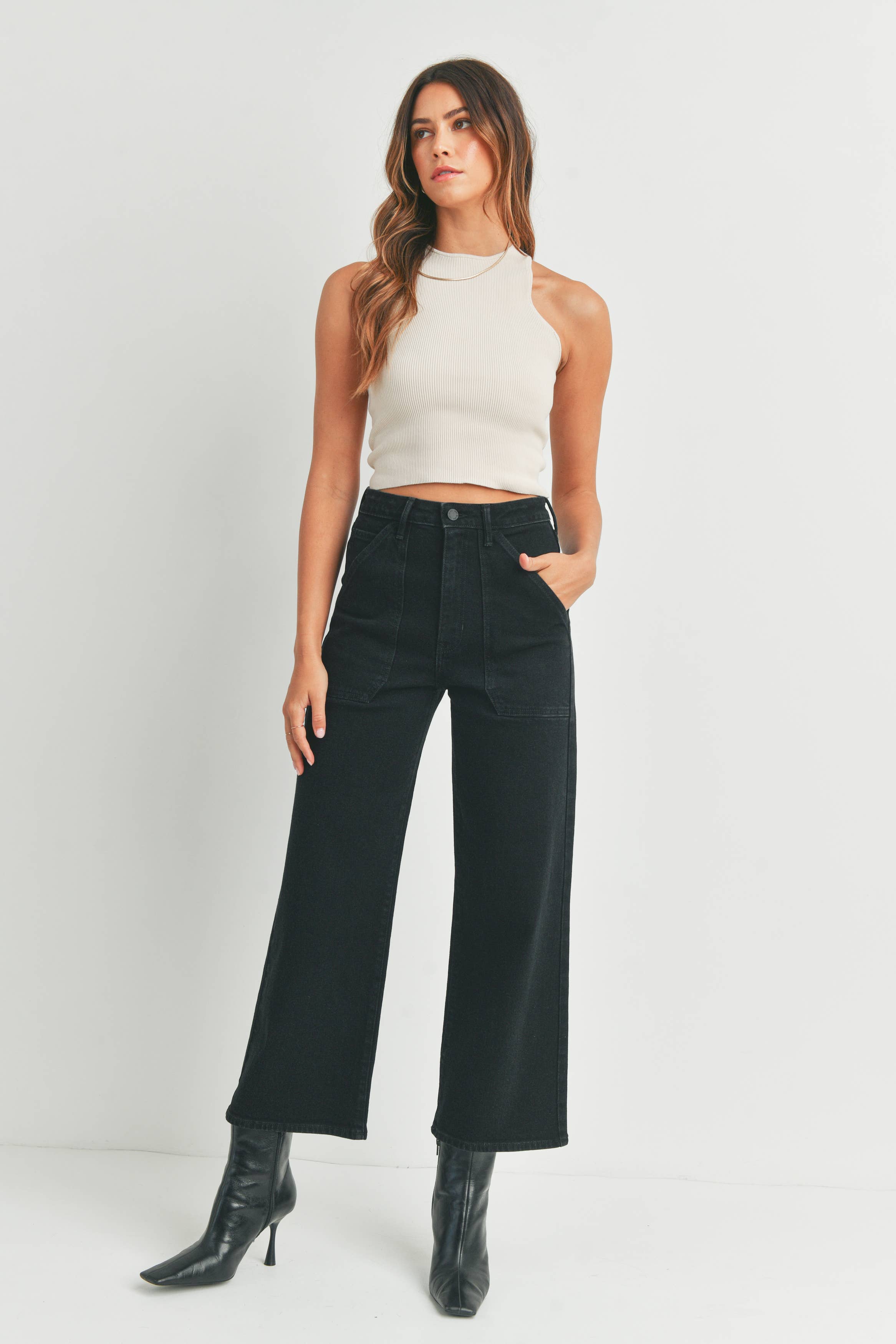 Just Black Denim HR Cargo Pocket Wide Leg Black