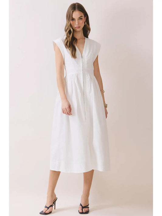 Cap Sleeve V- Neck Midi Dress with Front Zipper