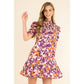 Leaf Print Short Sleeve Smock Dress Purple/Orange
