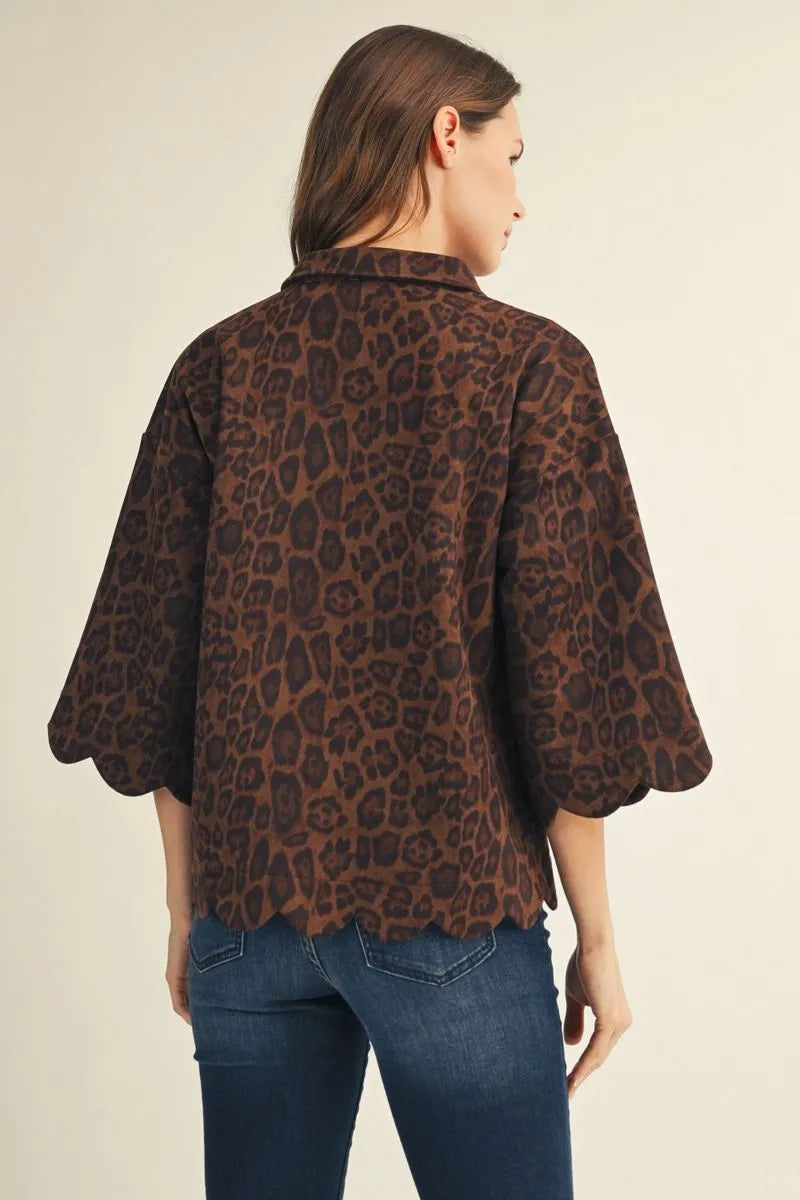 Mocha Leopard Scallop Hem Blouse