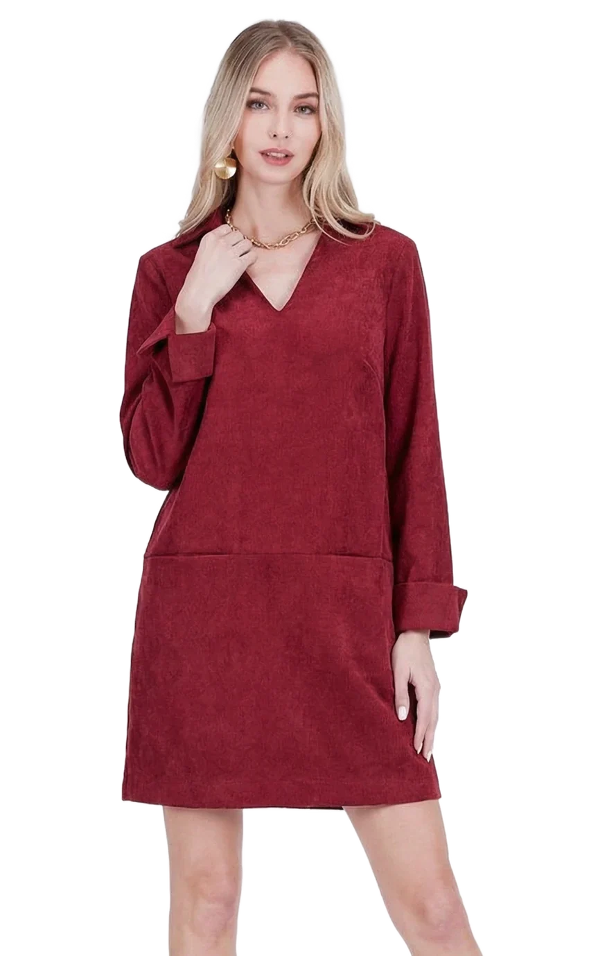 Jade Joy Joy Split Neck Collar Dress in wine, long-sleeve corduroy mini dress with V-neck collar and front pocket, front view on model.