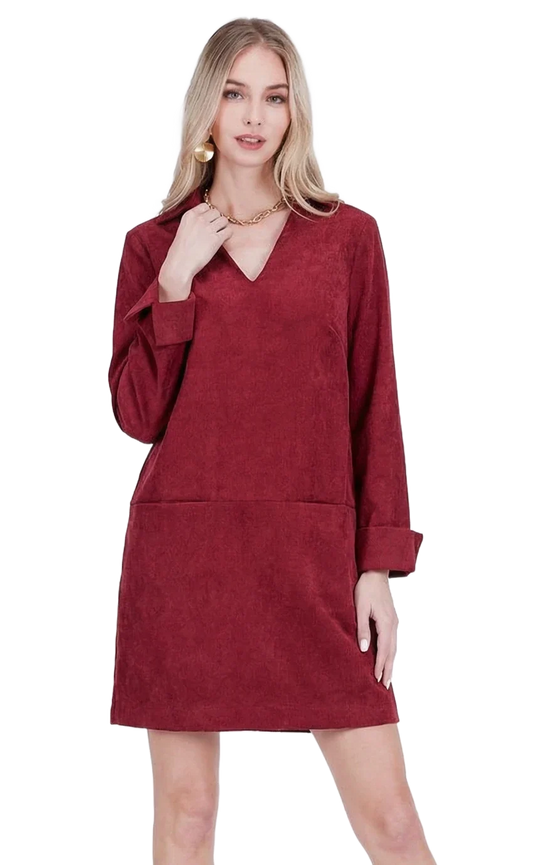 Jade Joy Joy Split Neck Collar Dress in wine, long-sleeve corduroy mini dress with V-neck collar and front pocket, front view on model.