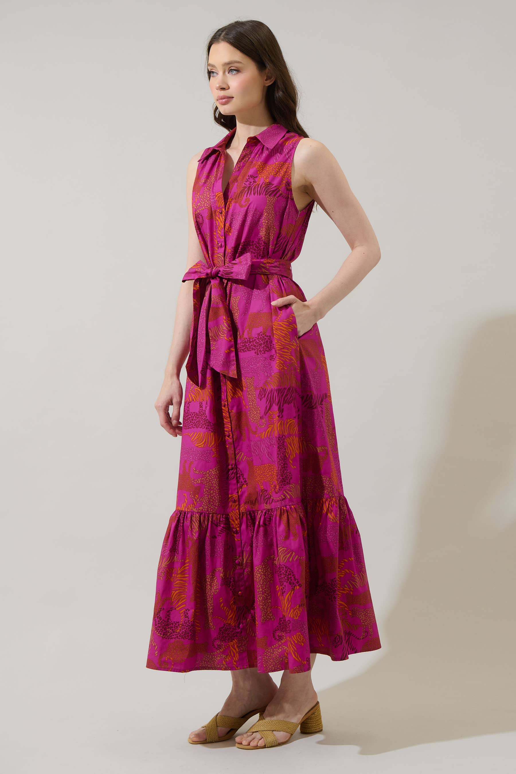 In the Jungle Cileah Collared Maxi Dress: Magenta