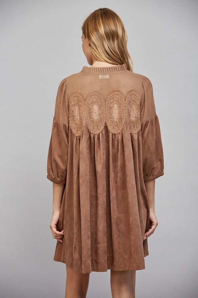 Faux Suede Lace Babydoll Dress Brown