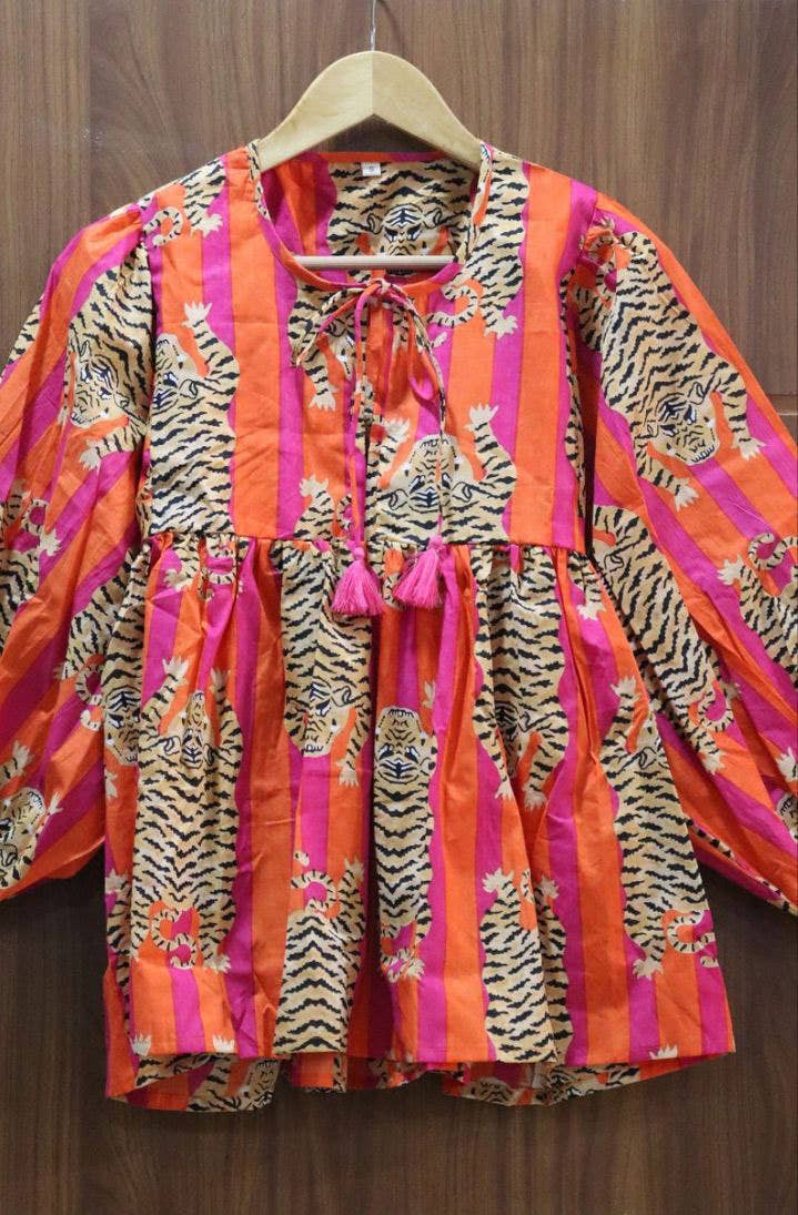 Orange Stripes Tiger Short Block Print Blouse