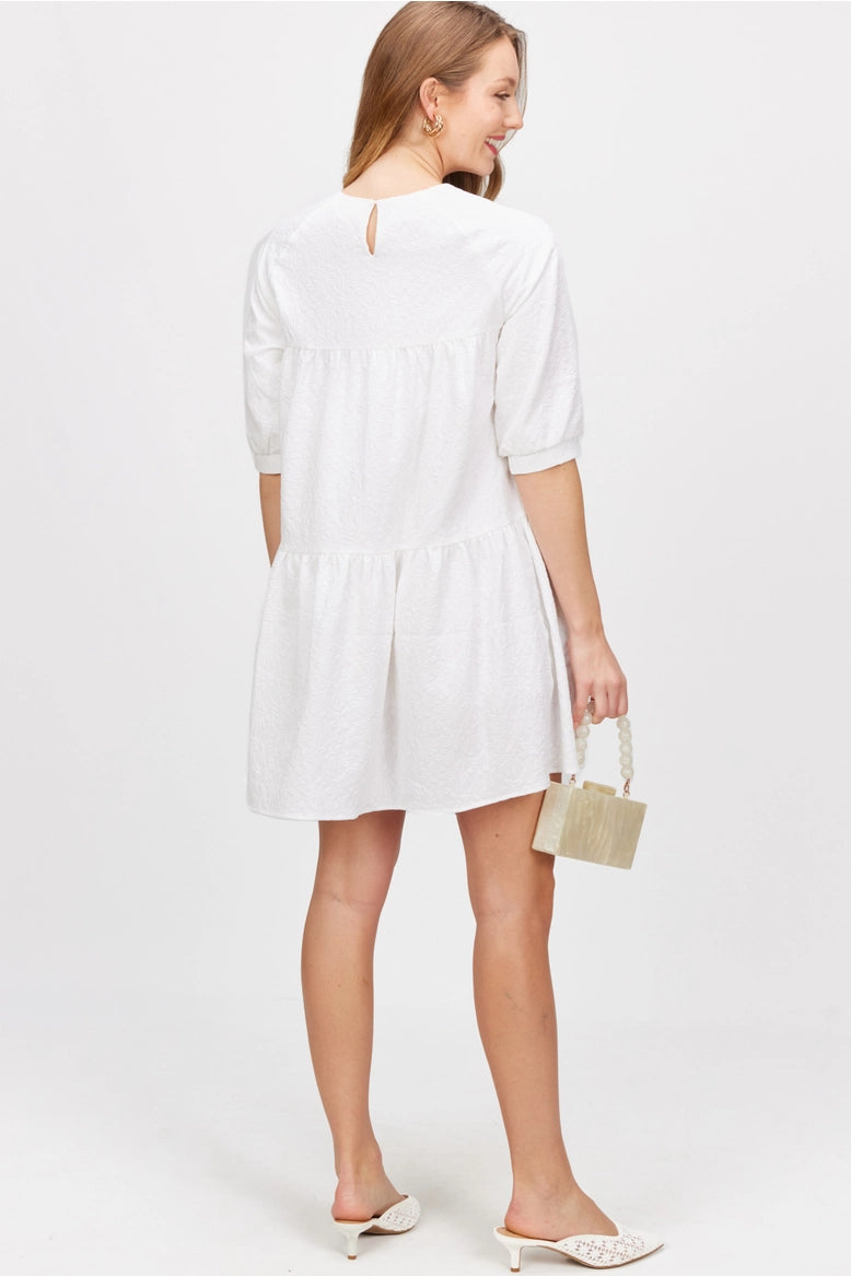 Floral Jacquard Puff Sleeve Tiered Mini Dress White
