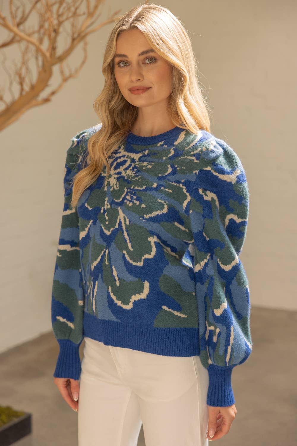 Pleated Long Puff Sleeve Floral Print Sweater Top Blue