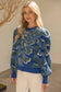 Pleated Long Puff Sleeve Floral Print Sweater Top Blue