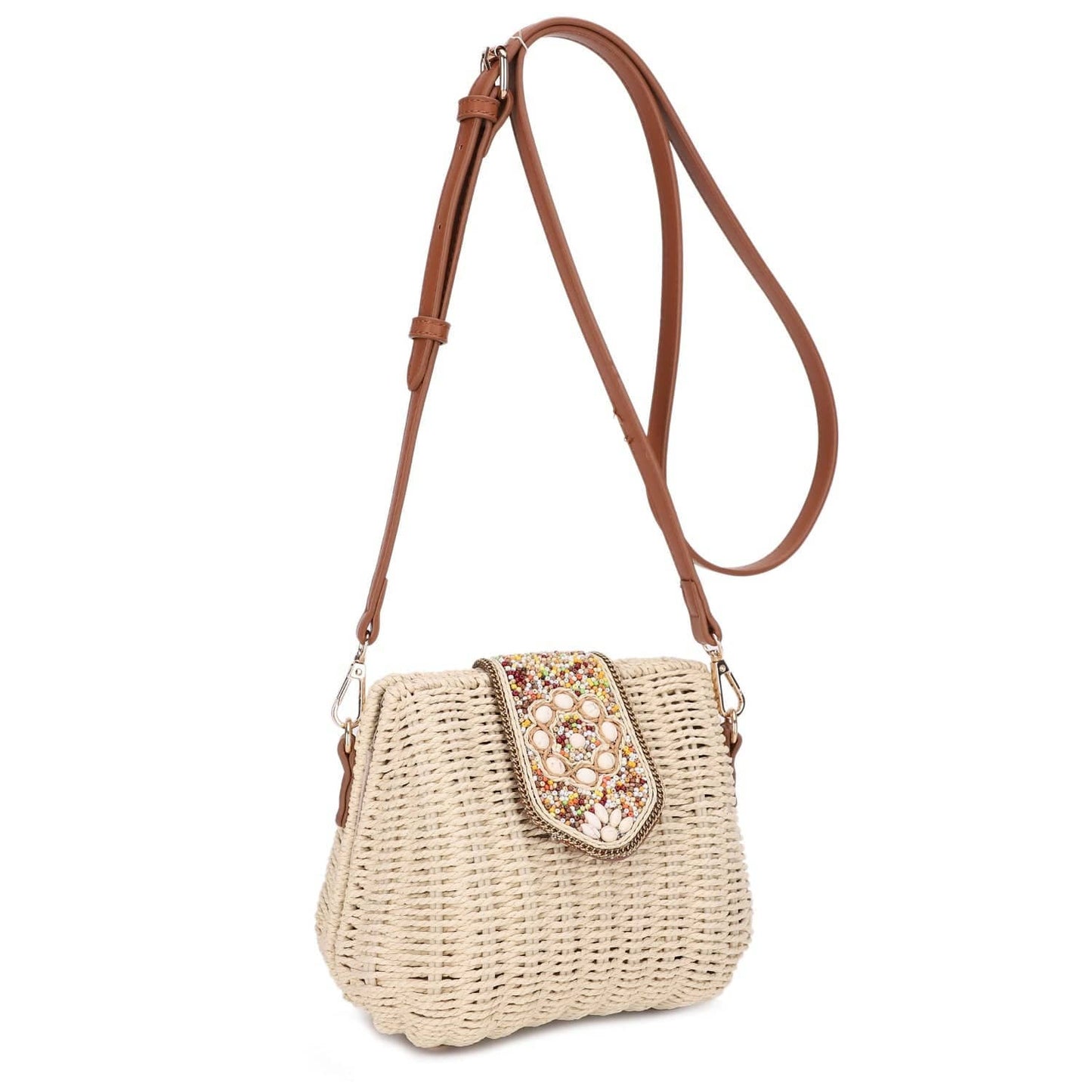 Straw Crossbody Bag With Beaded Buckle: Beige Brown