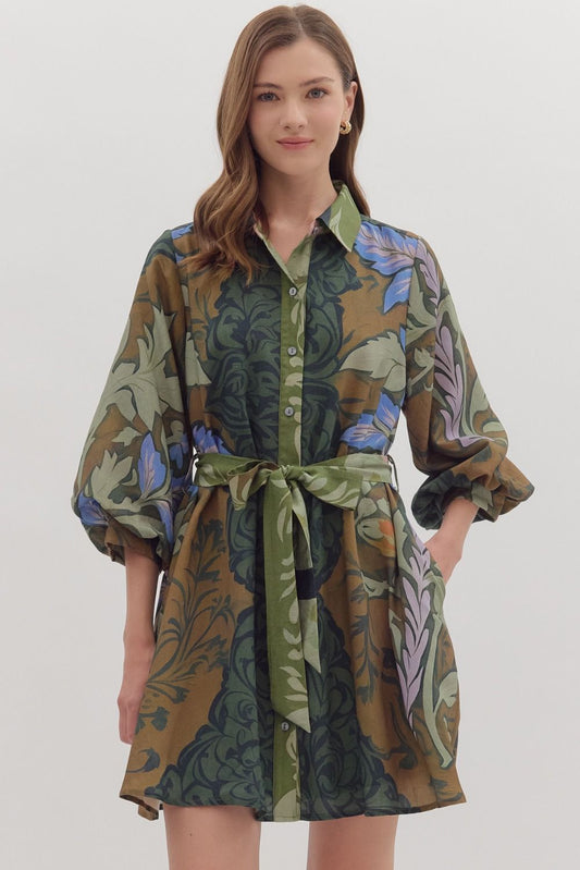 Green Botanical Long Sleeve Dress