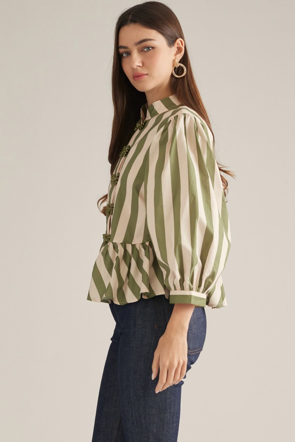 Entro Striped Balloon Sleeve Top Olive