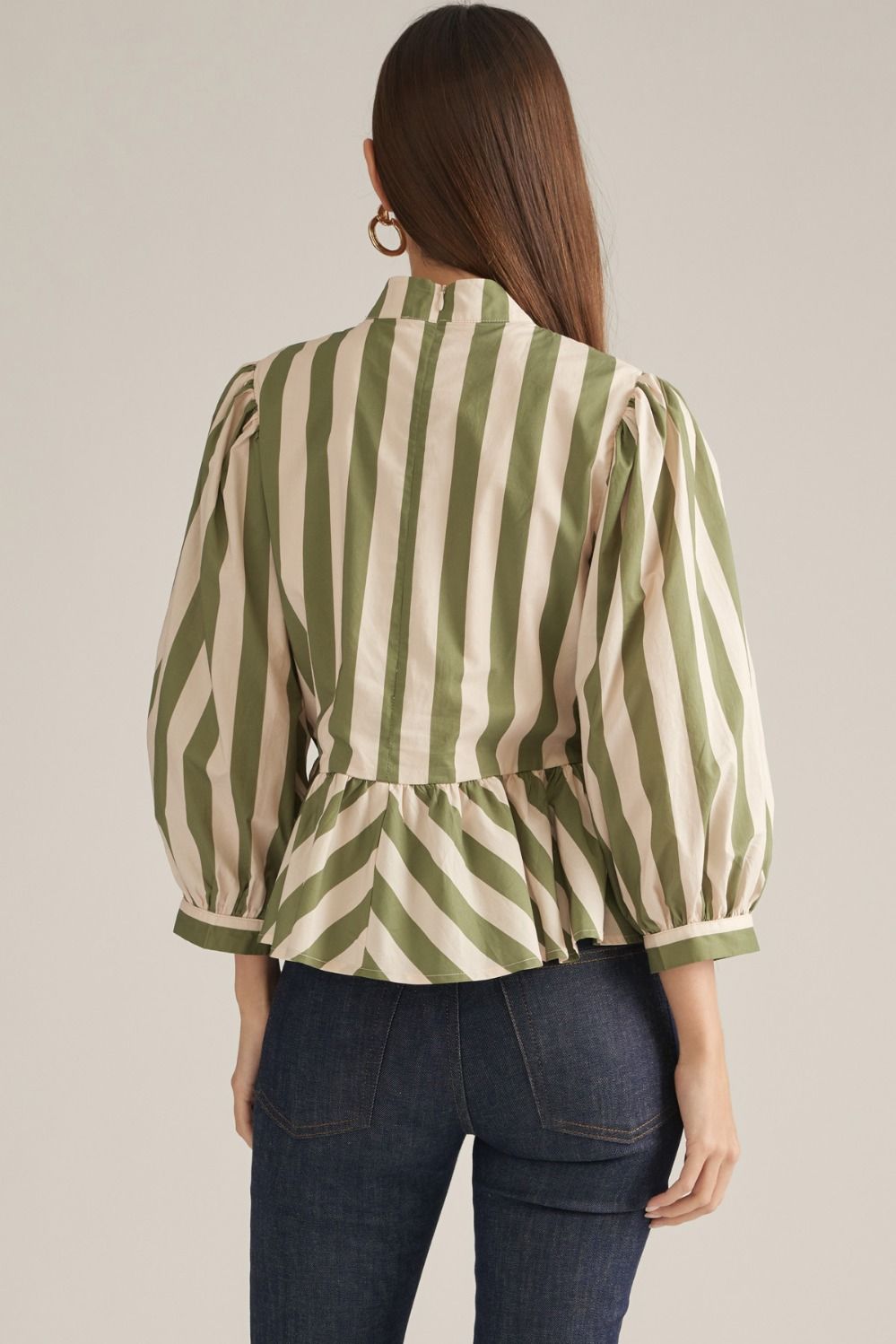 Entro Striped Balloon Sleeve Top Olive