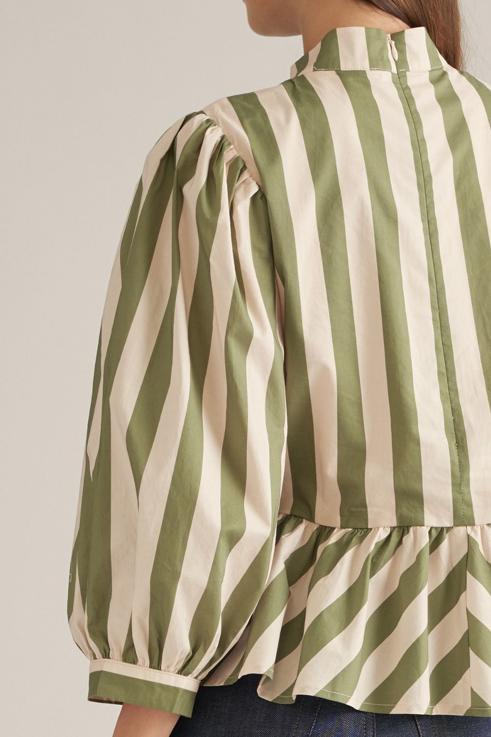 Entro Striped Balloon Sleeve Top Olive