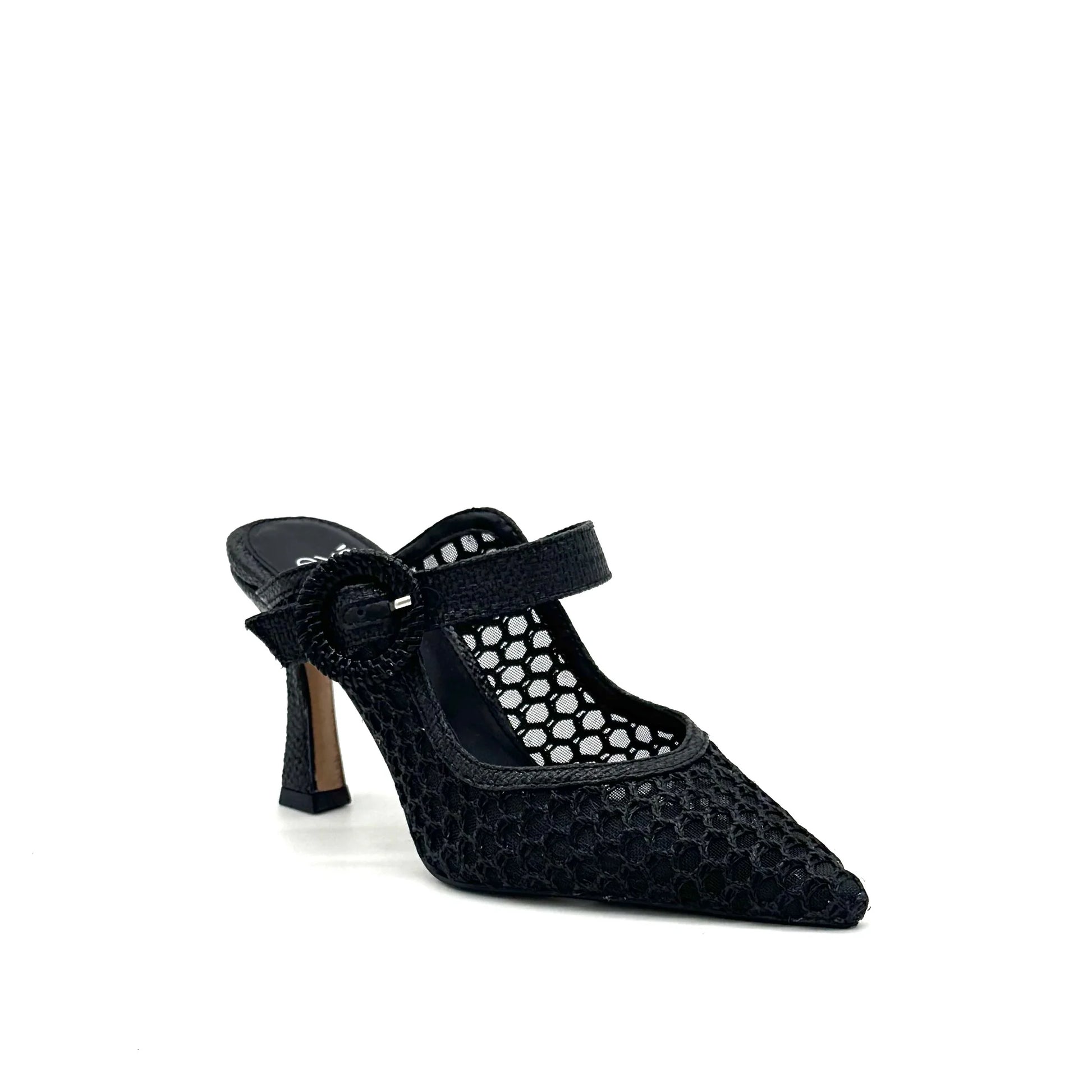 EXE Lamina-290 black honeycomb mesh pointed-toe mule heels with buckle strap detail.