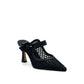 EXE Lamina-290 black honeycomb mesh pointed-toe mule heels with buckle strap detail.