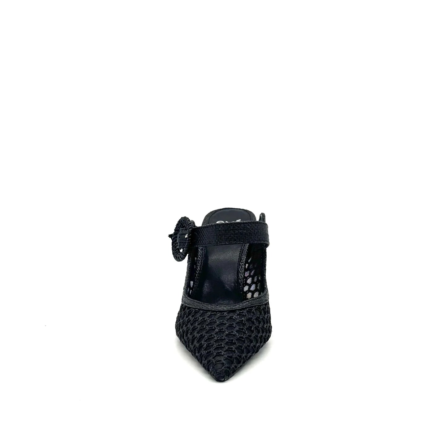 EXE Lamina-290 black honeycomb mesh pointed-toe mule heels with buckle strap detail, front view.