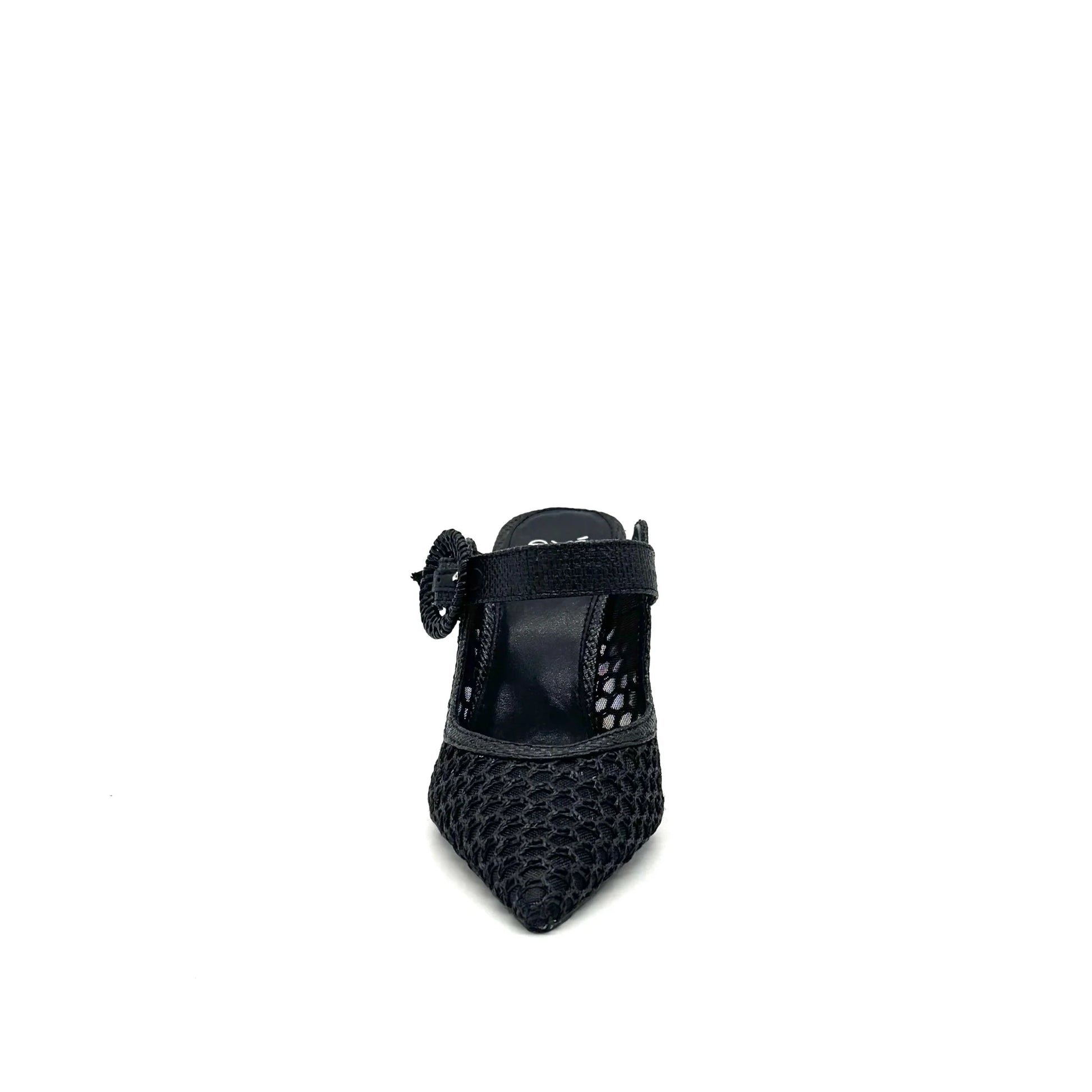 EXE Lamina-290 black honeycomb mesh pointed-toe mule heels with buckle strap detail, front view.