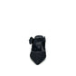 EXE Lamina-290 black honeycomb mesh pointed-toe mule heels with buckle strap detail, front view.