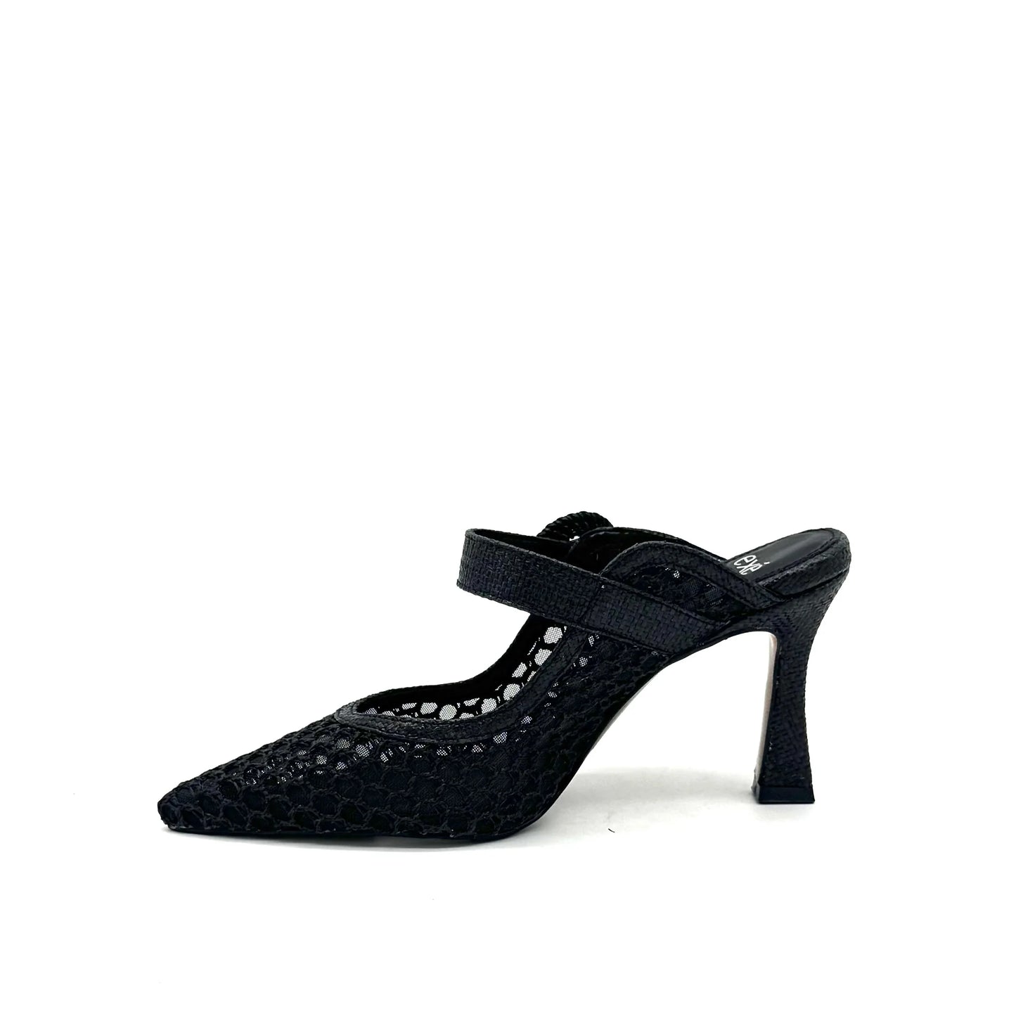 EXE Lamina-290 black honeycomb mesh pointed-toe mule heels with buckle ankle strap detail.