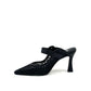 EXE Lamina-290 black honeycomb mesh pointed-toe mule heels with buckle ankle strap detail.