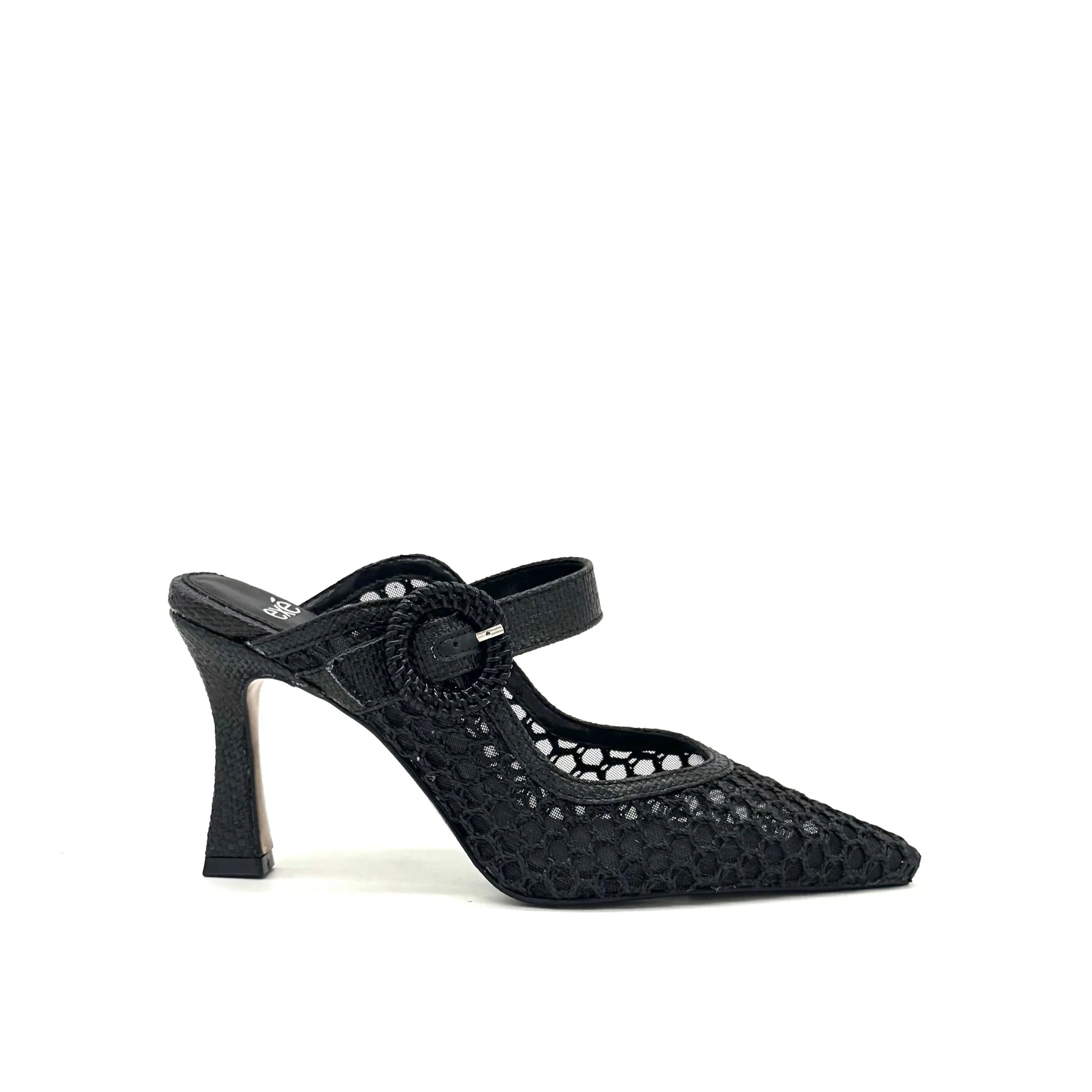 EXE Lamina-290 black honeycomb mesh pointed-toe mule heels with Mary Jane buckle strap.