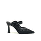 EXE Lamina-290 black honeycomb mesh pointed-toe mule heels with Mary Jane buckle strap.