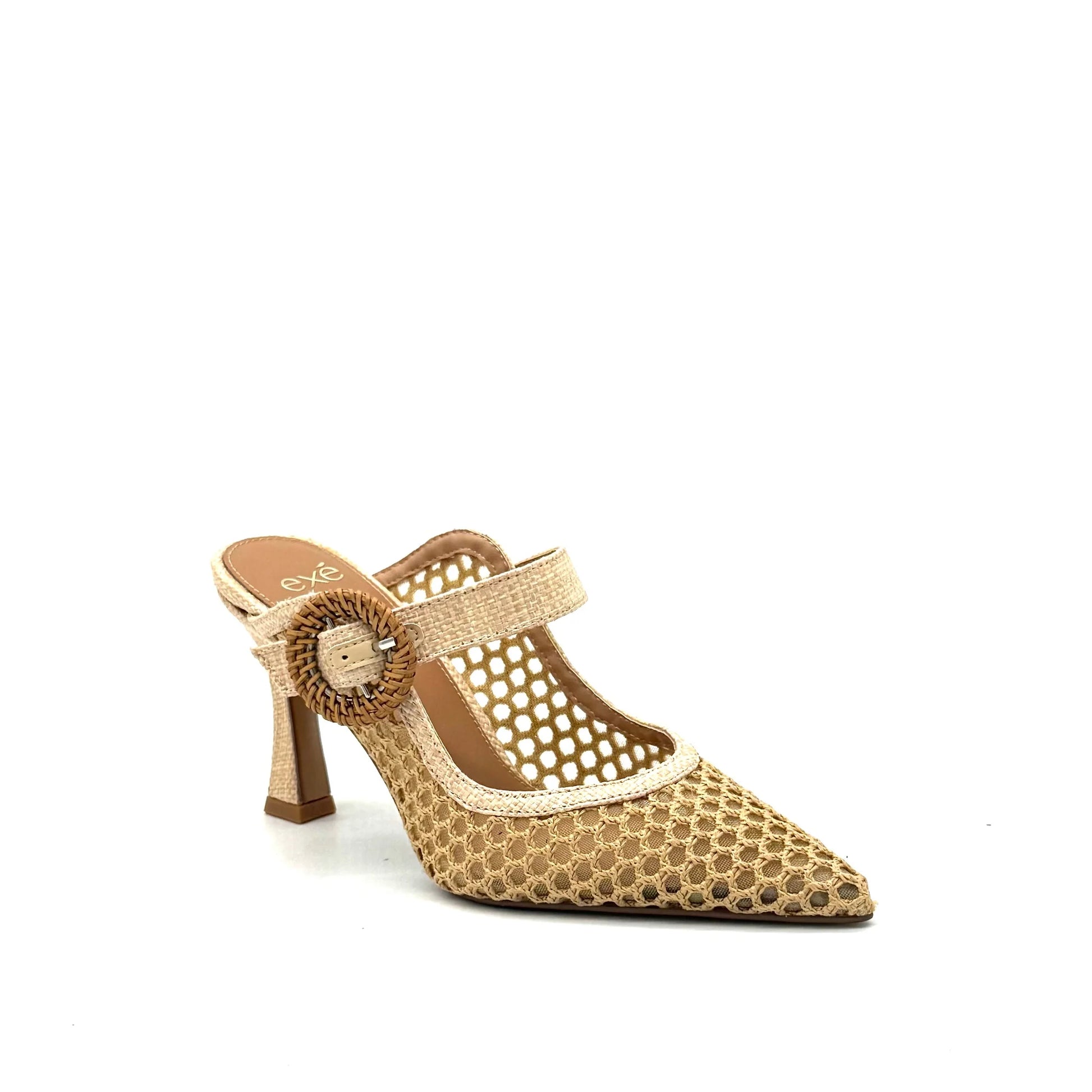 EXE Lamina-290 natural beige mesh mule heel with woven rattan buckle strap and pointed toe, side angle view.