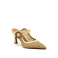EXE Lamina-290 natural beige mesh mule heel with woven rattan buckle strap and pointed toe, side angle view.