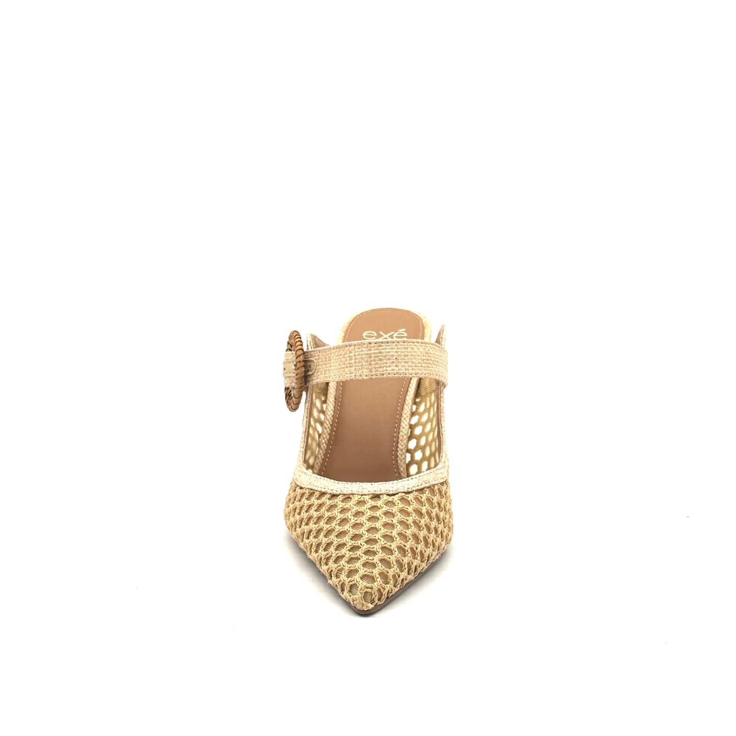 EXE Lamina-290 natural beige honeycomb mesh pointed-toe mule with woven buckle strap, front view on white background.