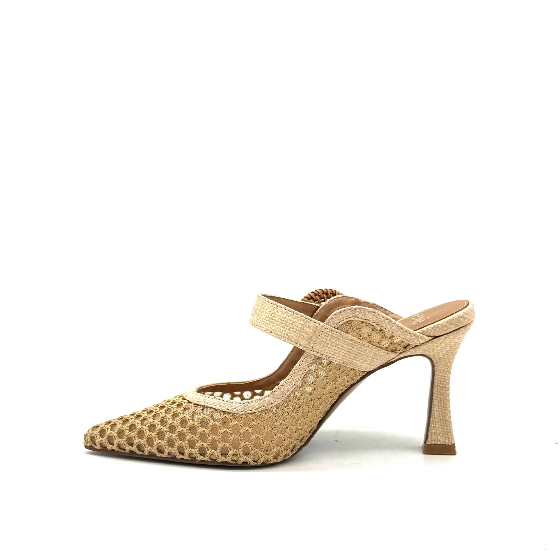 EXE Lamina-290 natural beige honeycomb mesh mule heel with woven ankle strap and buckle, side view.