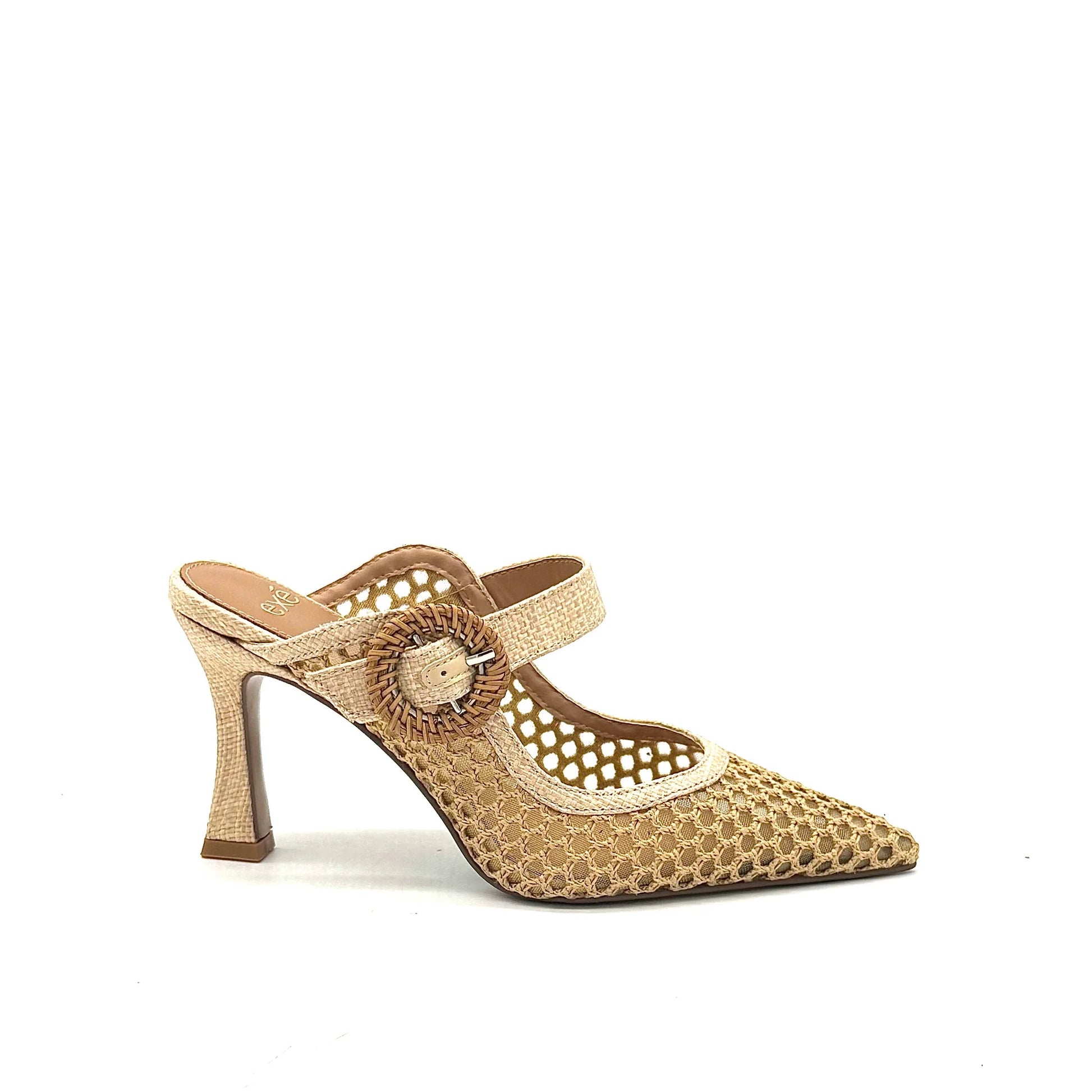 EXE Lamina-290 natural beige mesh mule heel with woven rattan buckle strap and pointed toe, side view.