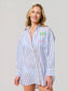 Shiraleah Beach Ocean Air Cover-Up Shirt in blue and white stripes with palm tree embroidery, worn by model, front view.