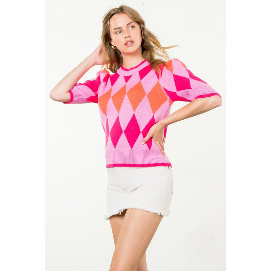 THML Short Sleeve Argyle Knit Top Pink