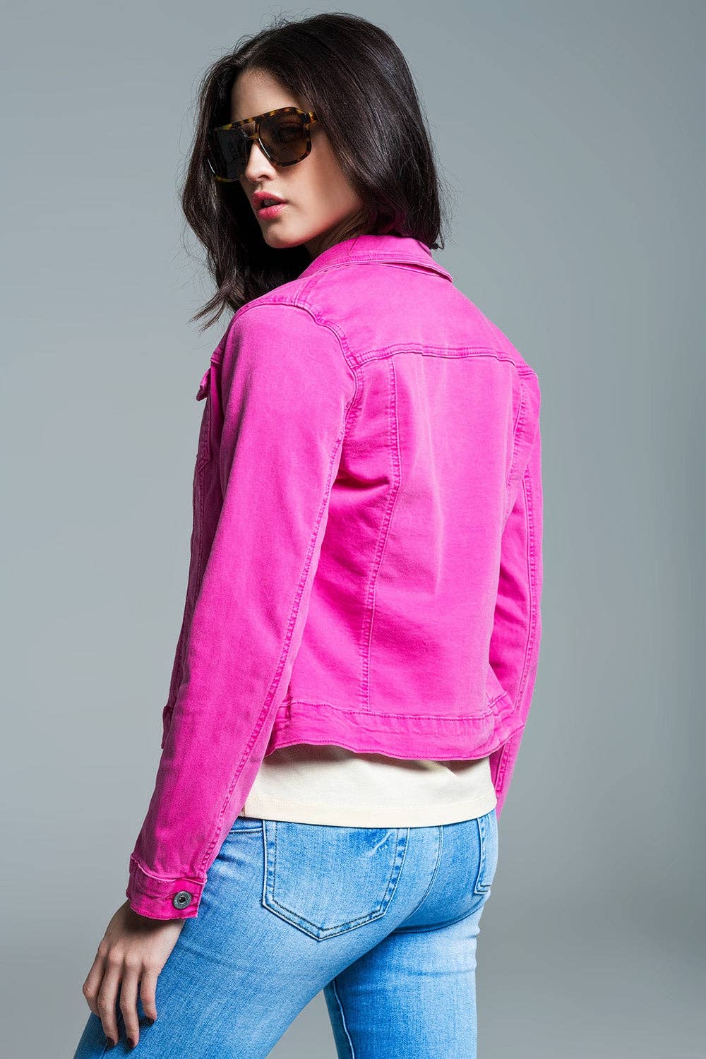 Stretch Denim Jacket With Pockets in Pink