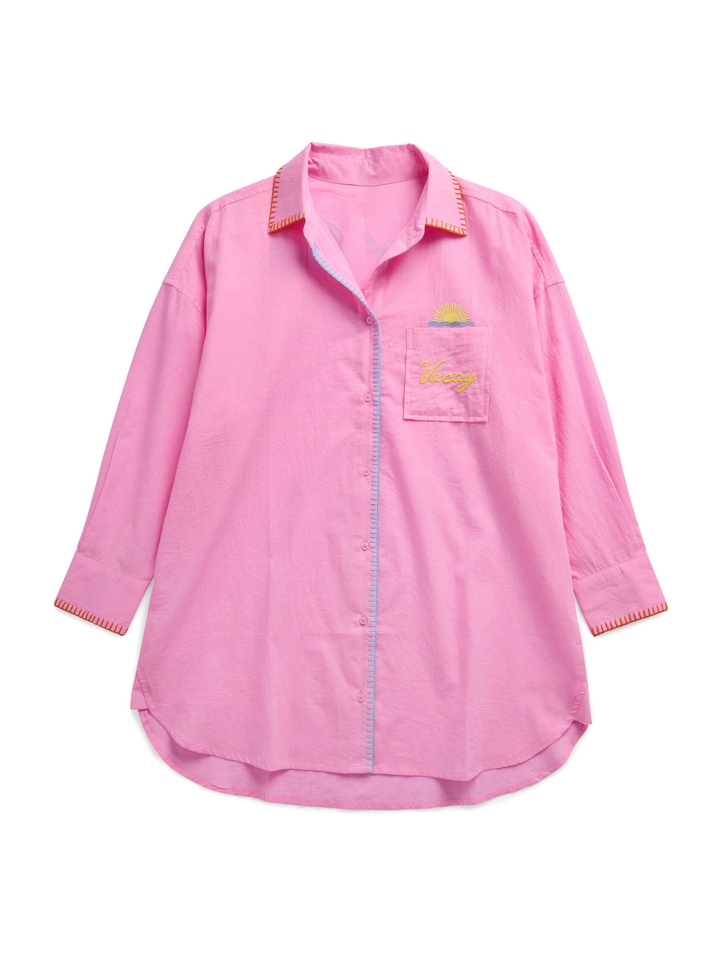 Vacay Out Of Office pink button-down oversized cover-up shirt with sun embroidery and contrast stitching details