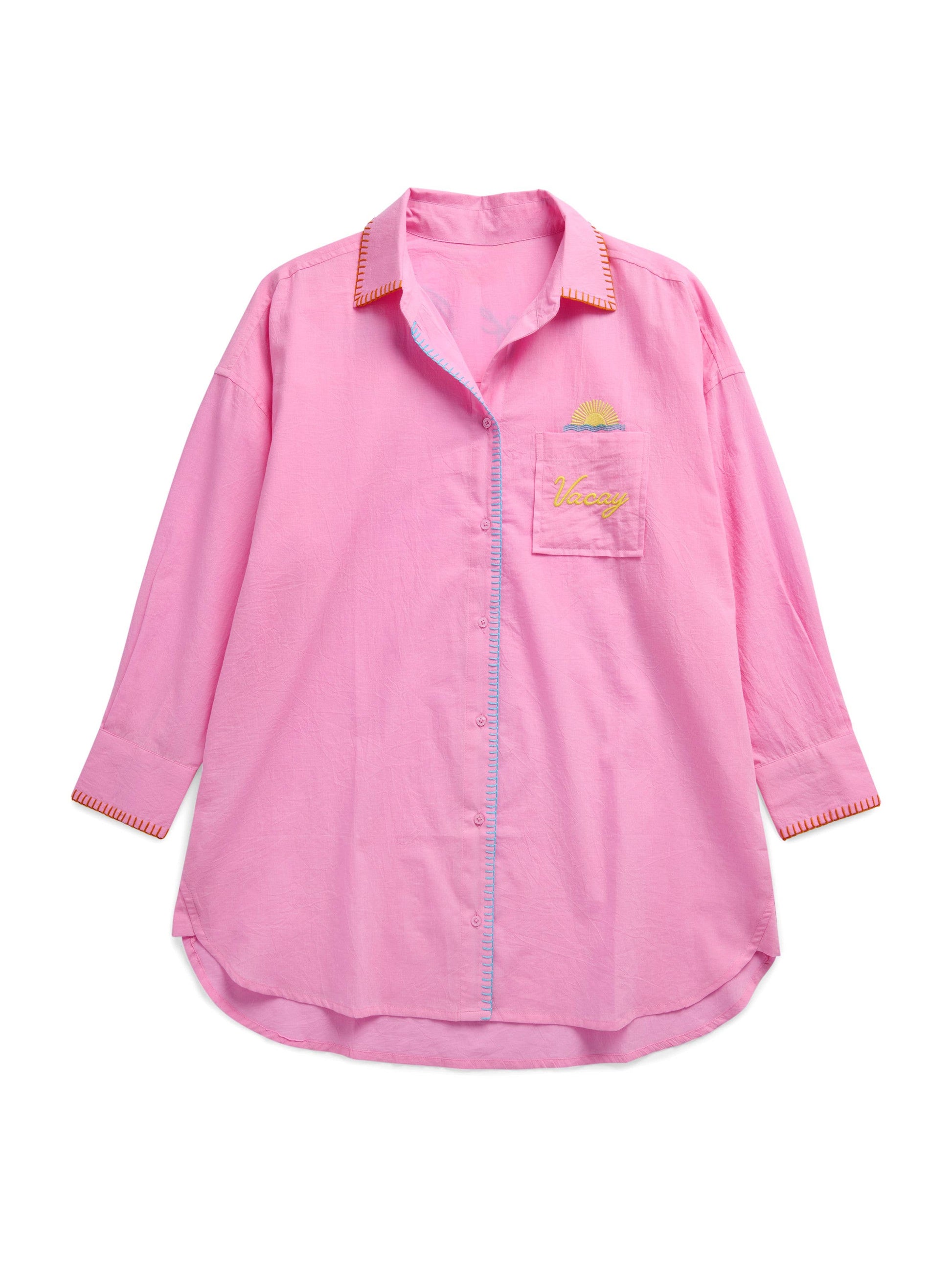 Vacay Out Of Office pink button-down oversized cover-up shirt with sun embroidery and contrast stitching details