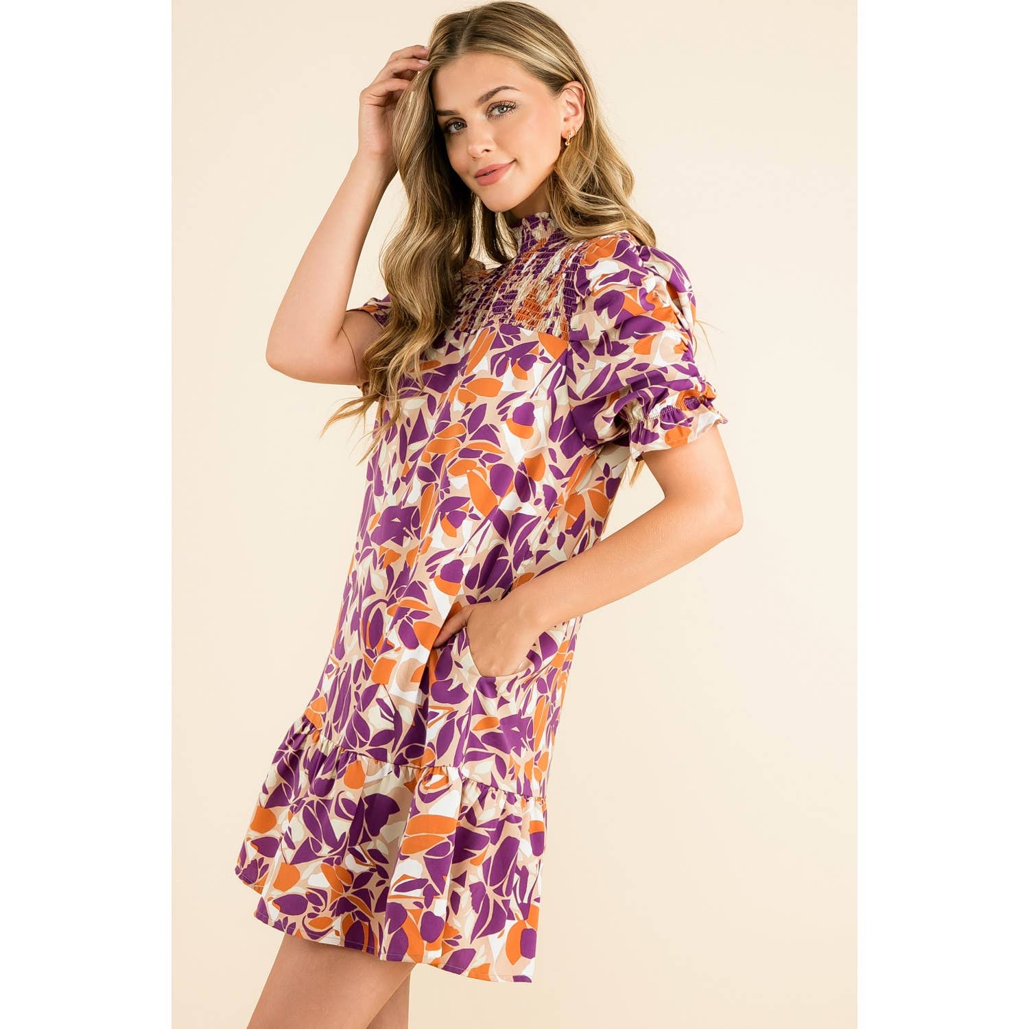 Leaf Print Short Sleeve Smock Dress Purple/Orange