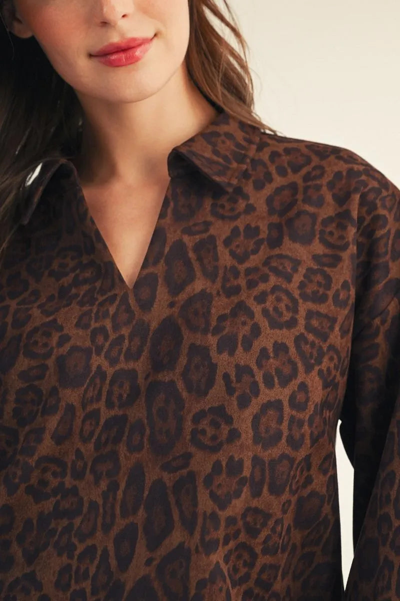 Mocha Leopard Scallop Hem Blouse