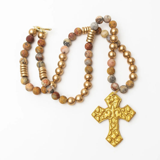 Hidden Truth 34" Crazy Lace Agate with Cami Cross Necklace