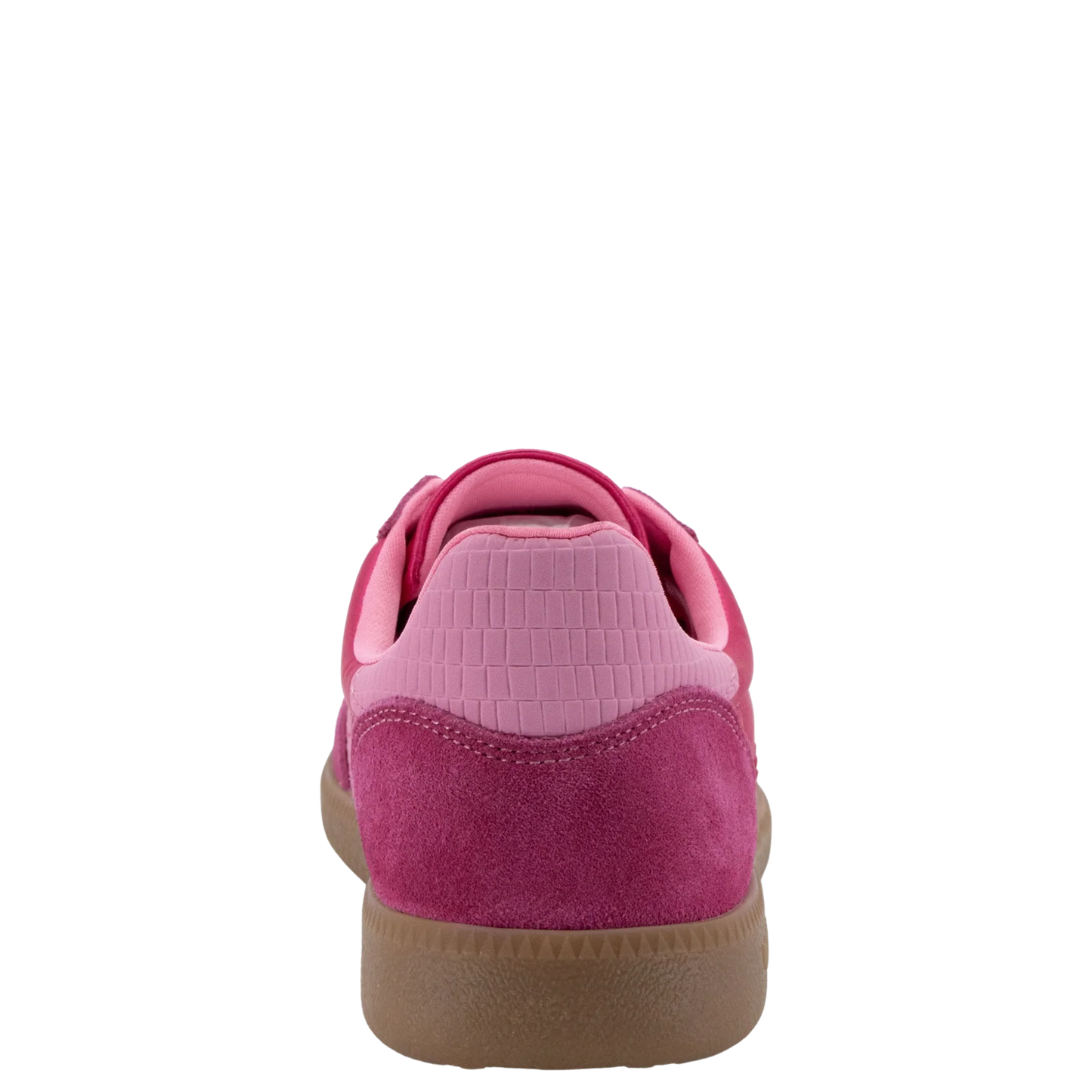 Back 70 Ghost C26 sneaker in fuxia, rear view showing pink suede heel, textured counter, and gum rubber sole.