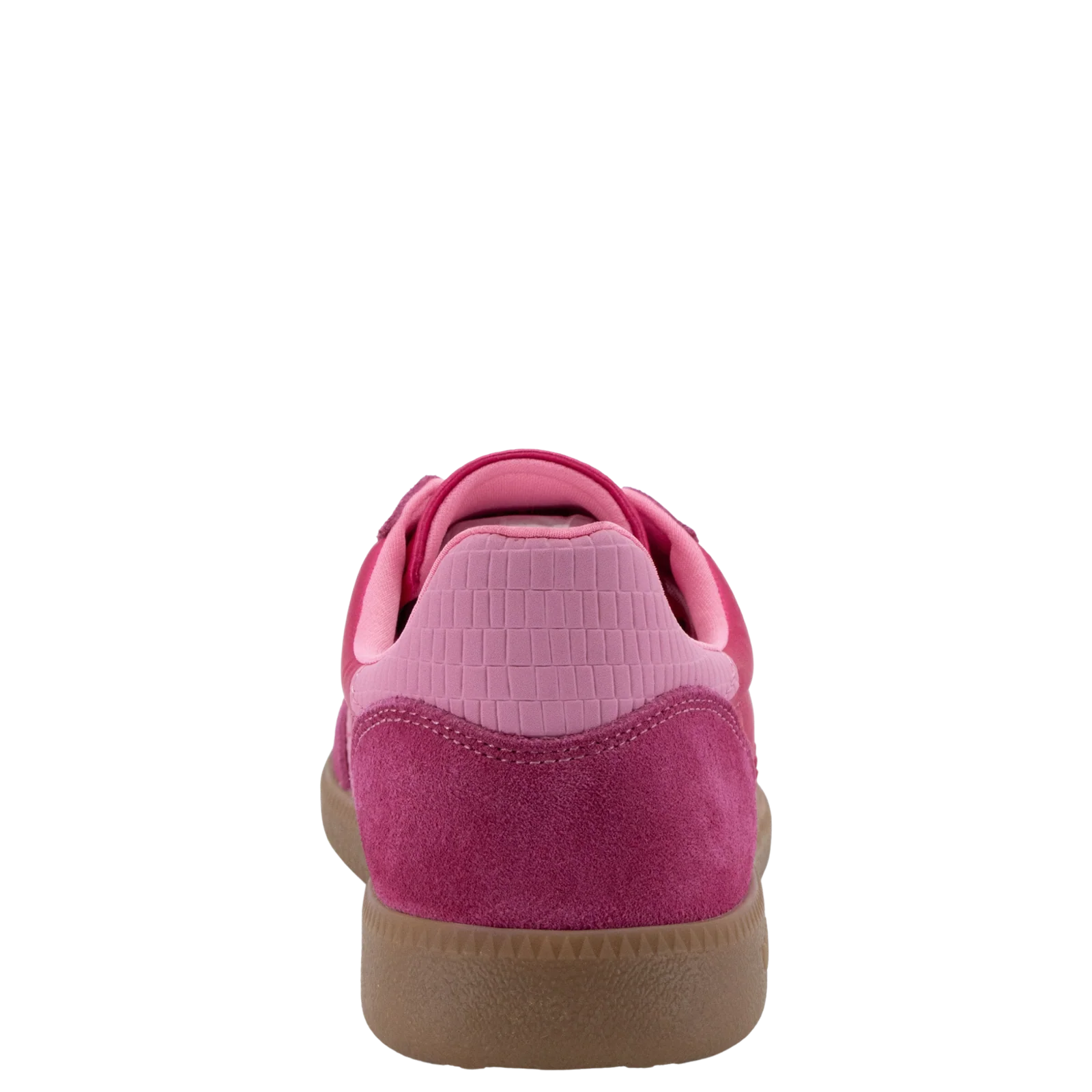 Back 70 Ghost C26 sneaker in fuxia, rear view showing pink suede heel, textured counter, and gum rubber sole.