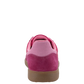 Back 70 Ghost C26 sneaker in fuxia, rear view showing pink suede heel, textured counter, and gum rubber sole.