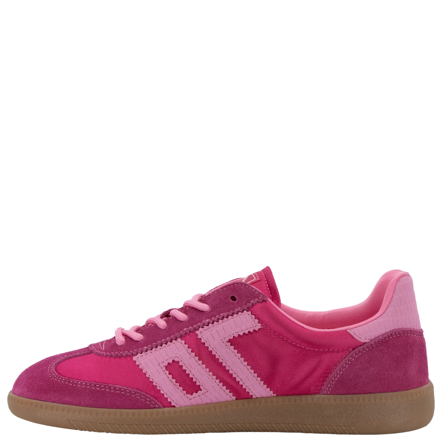 Back 70 Ghost C26 sneaker in fuchsia pink with three-stripe detail, suede overlays, pink laces, and gum rubber sole, side view.