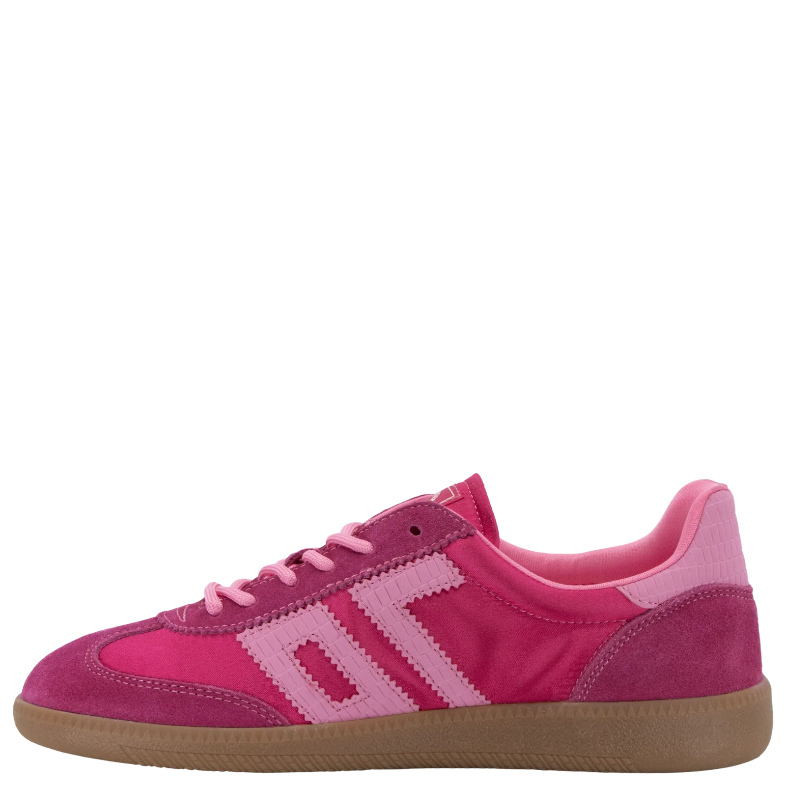 Back 70 Ghost C26 sneaker in fuchsia pink with three-stripe detail, suede overlays, pink laces, and gum rubber sole, side view.