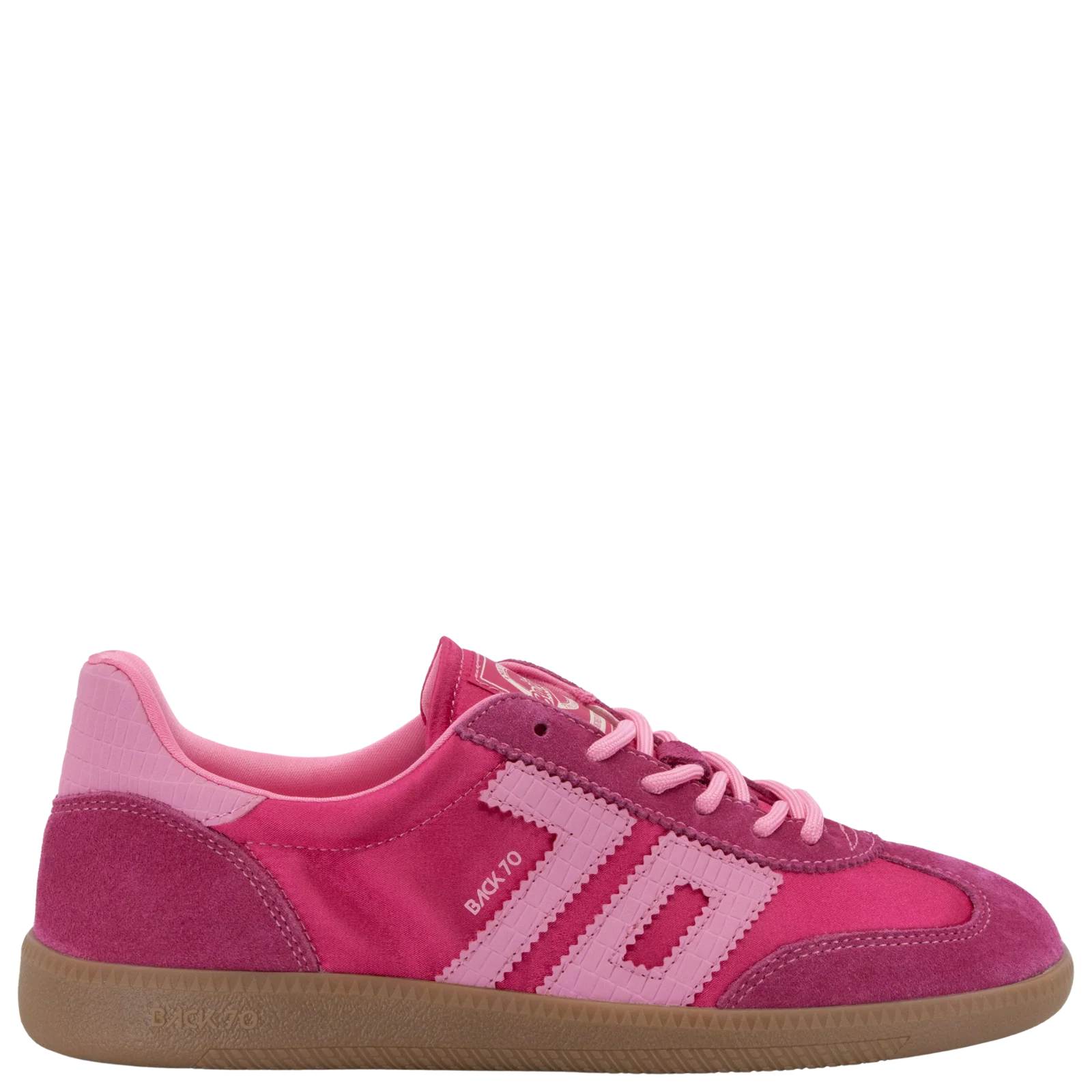 Back 70 Ghost C26 sneaker in fuchsia pink with suede panels, three stripes, pink laces, and gum rubber sole, side view.
