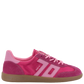 Back 70 Ghost C26 sneaker in fuchsia pink with suede panels, three stripes, pink laces, and gum rubber sole, side view.