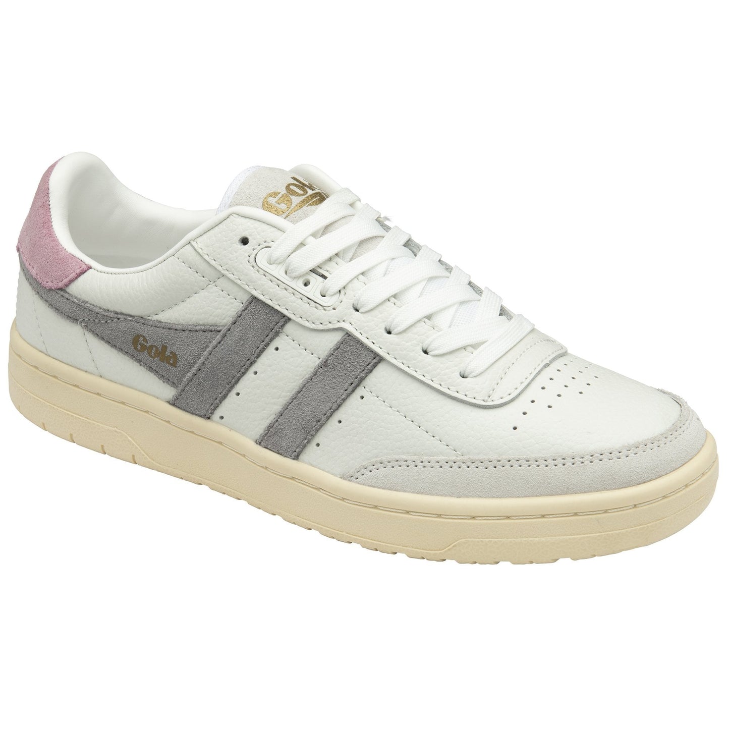 Gola Women's Falcon low-top leather sneakers with grey suede side stripes and pink heel accent.